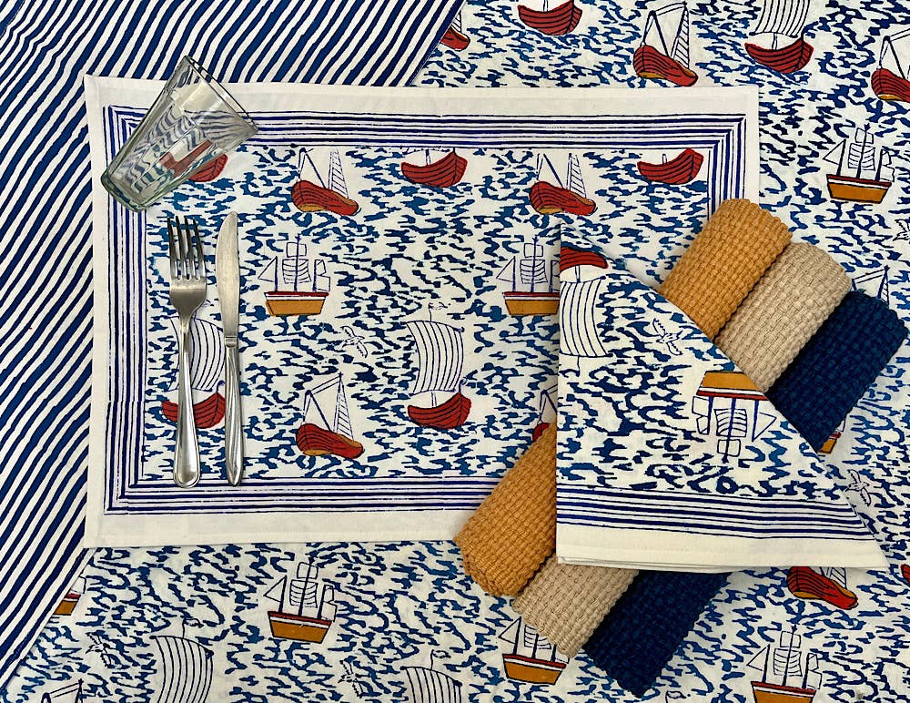 Tablecloth 86 Rnd Harbor Boat Blue 2464A