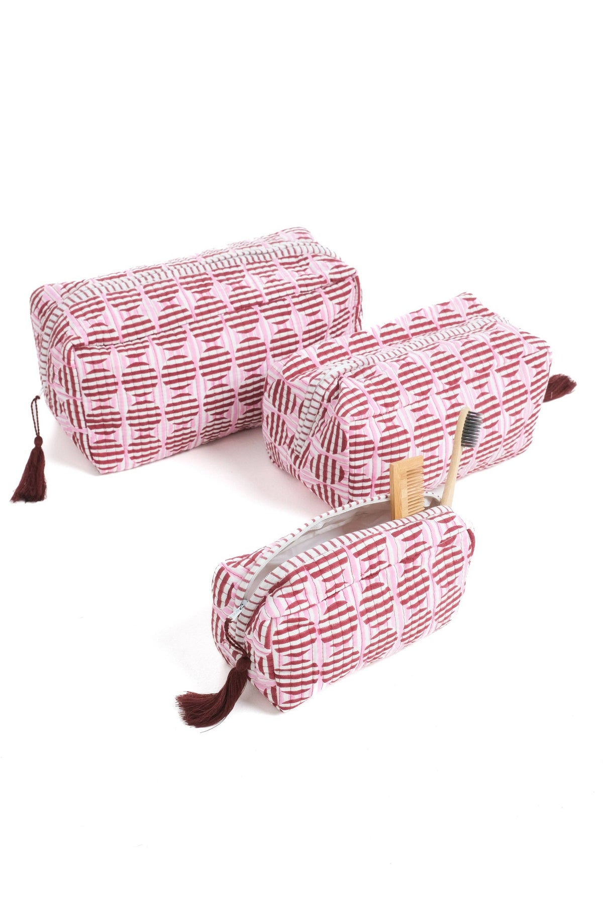 Striped Circles Block Print Makeup Bag in Burgundy & Pink