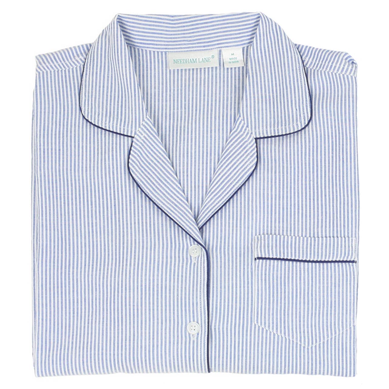 Blue Seersucker-Navy Short Sleeve Shorty Pajamas