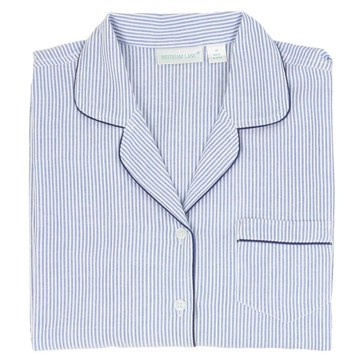 Blue Seersucker-Navy Short Sleeve Shorty Pajamas