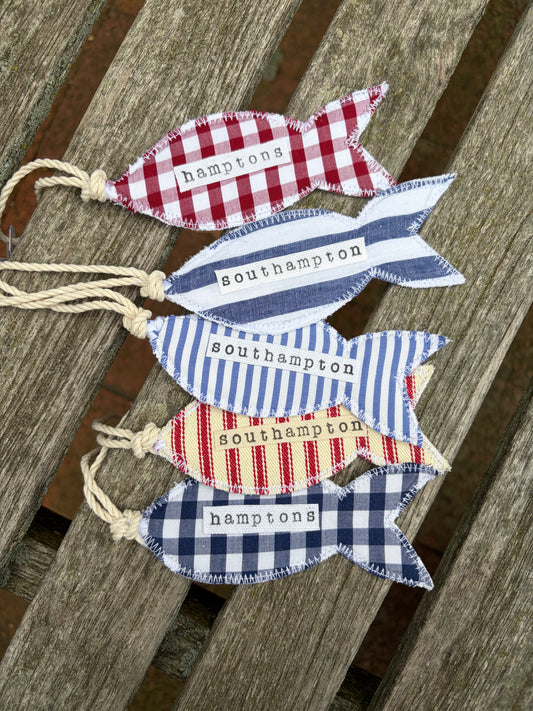 Personalized Nautical Red and Navy Stripe Fish Ornament