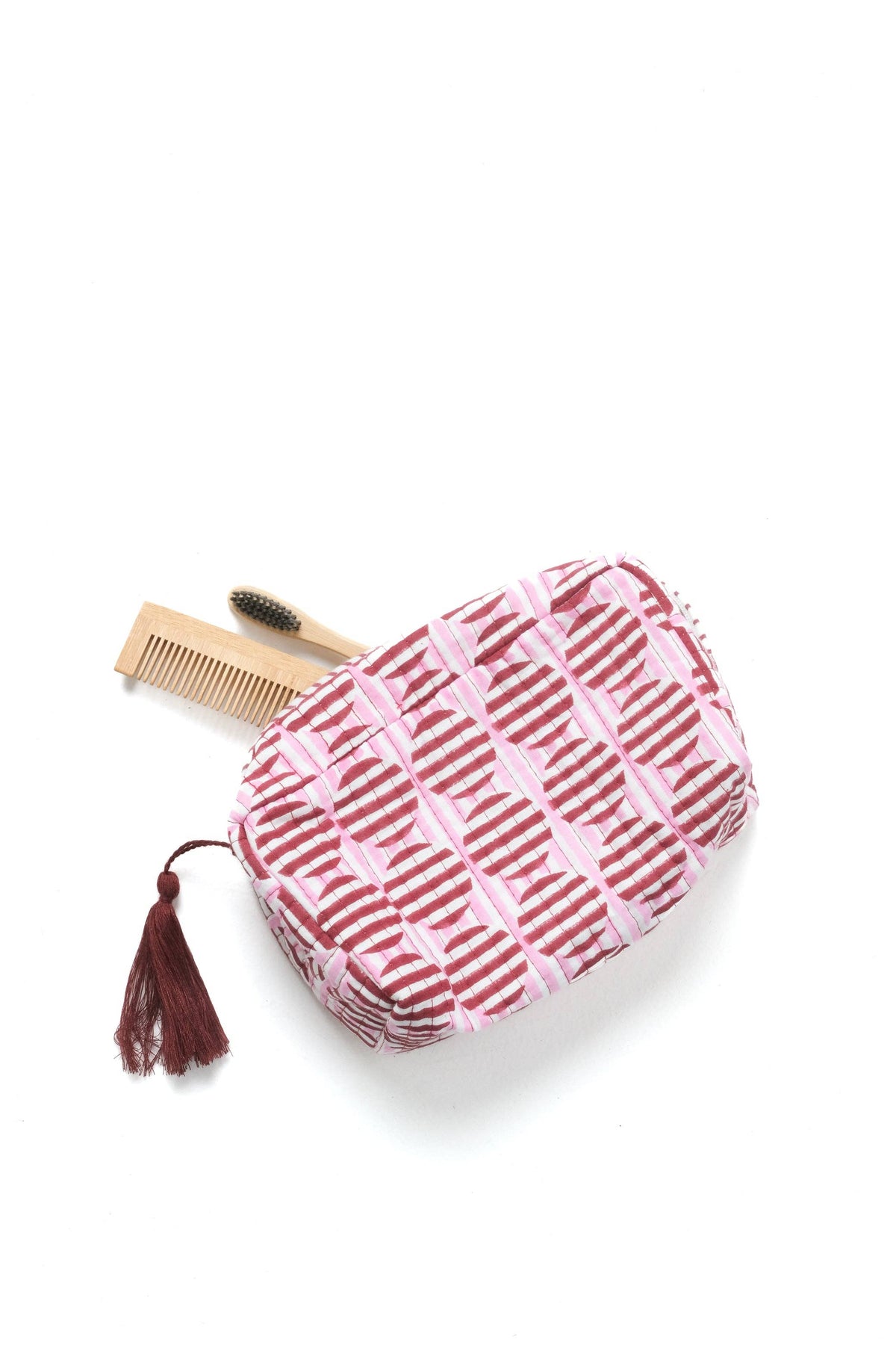 Striped Circles Block Print Makeup Bag in Burgundy & Pink