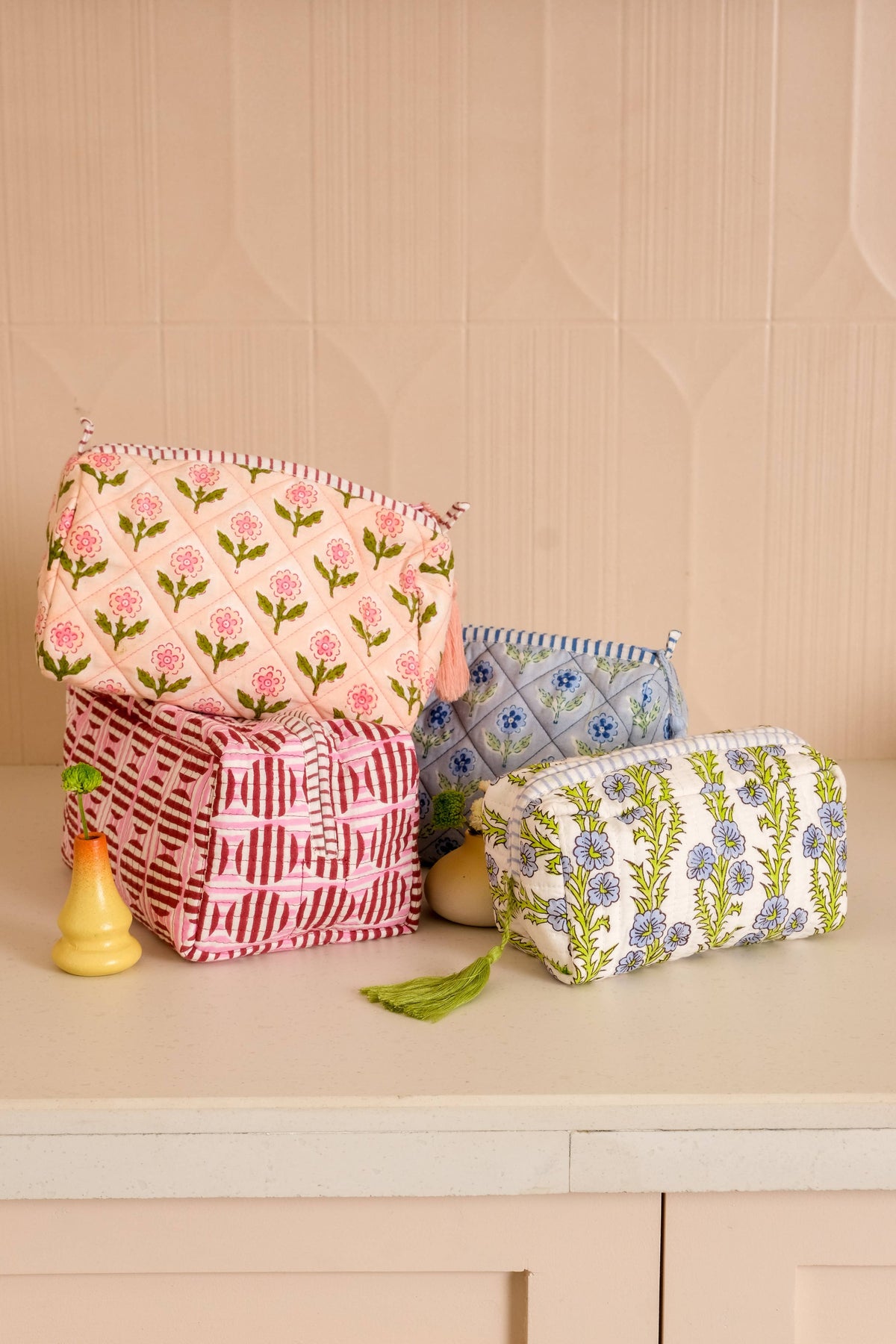 Striped Circles Block Print Makeup Bag in Burgundy & Pink