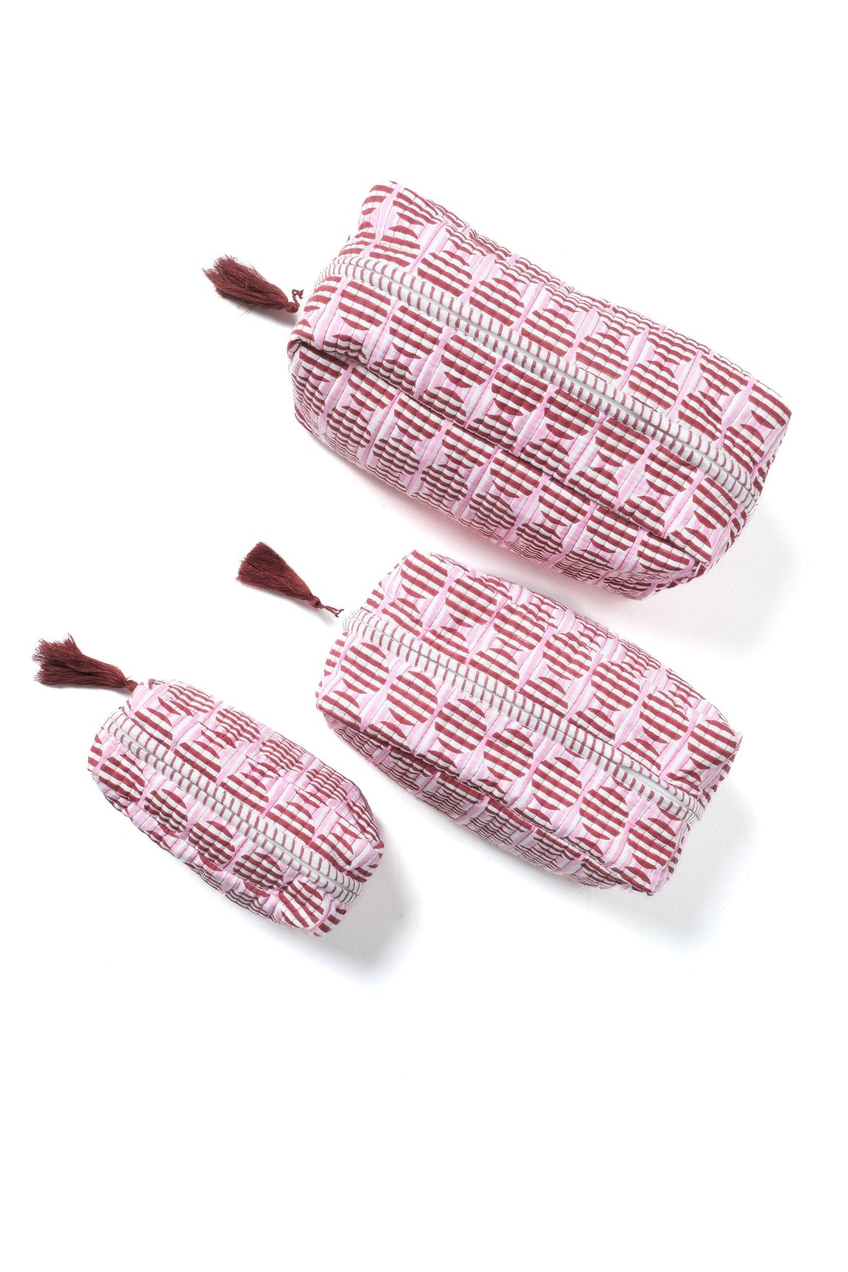 Striped Circles Block Print Makeup Bag in Burgundy & Pink
